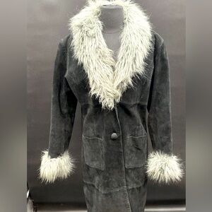 XOXO Leather and Suede black long coat w/ grey fur